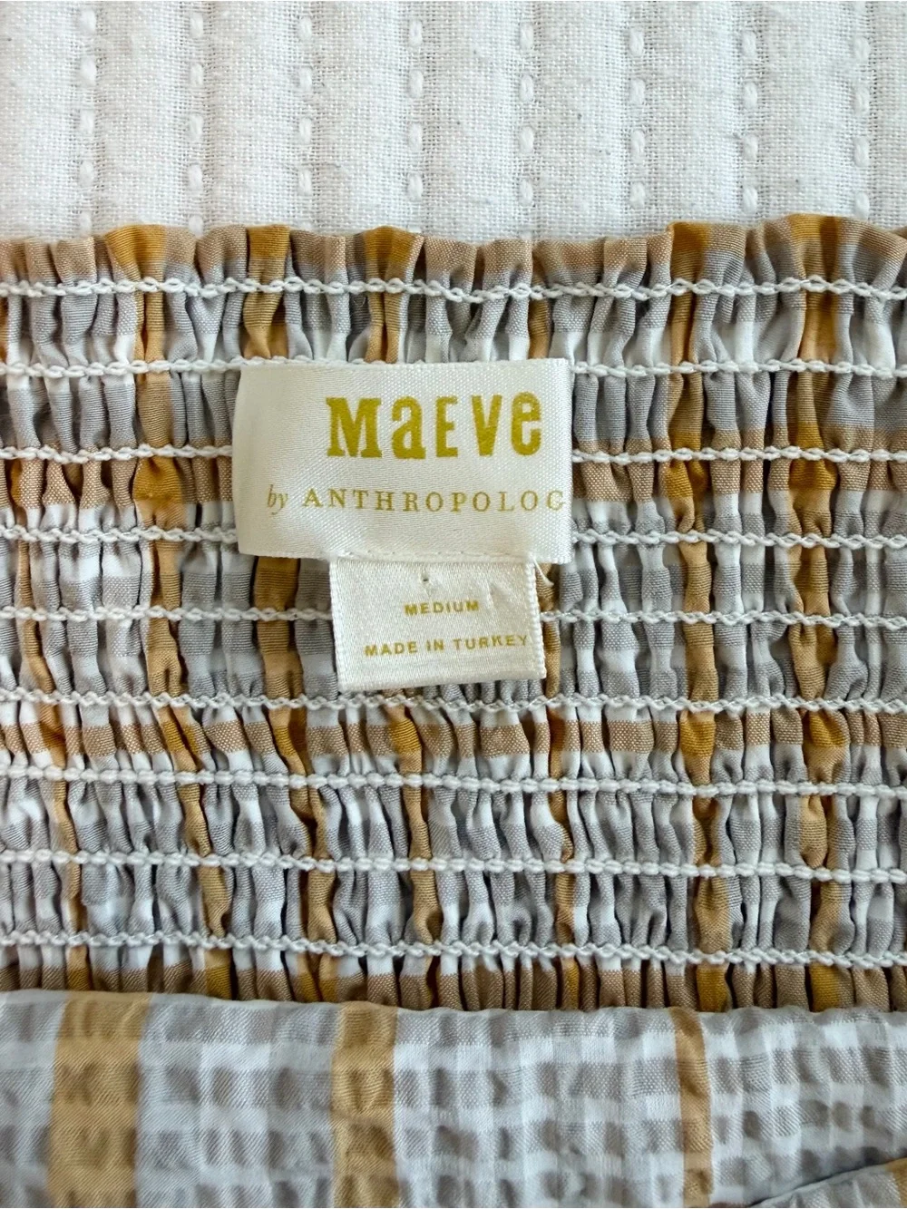 Anthropologie Maeve Plaid Square-Neck Puff Sleeve Smocked Top in Yellow & White